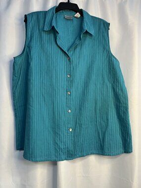 Chicos Size 3X Women's Sleeveless Button-Up Blouse in Turquoise Blue with Textur